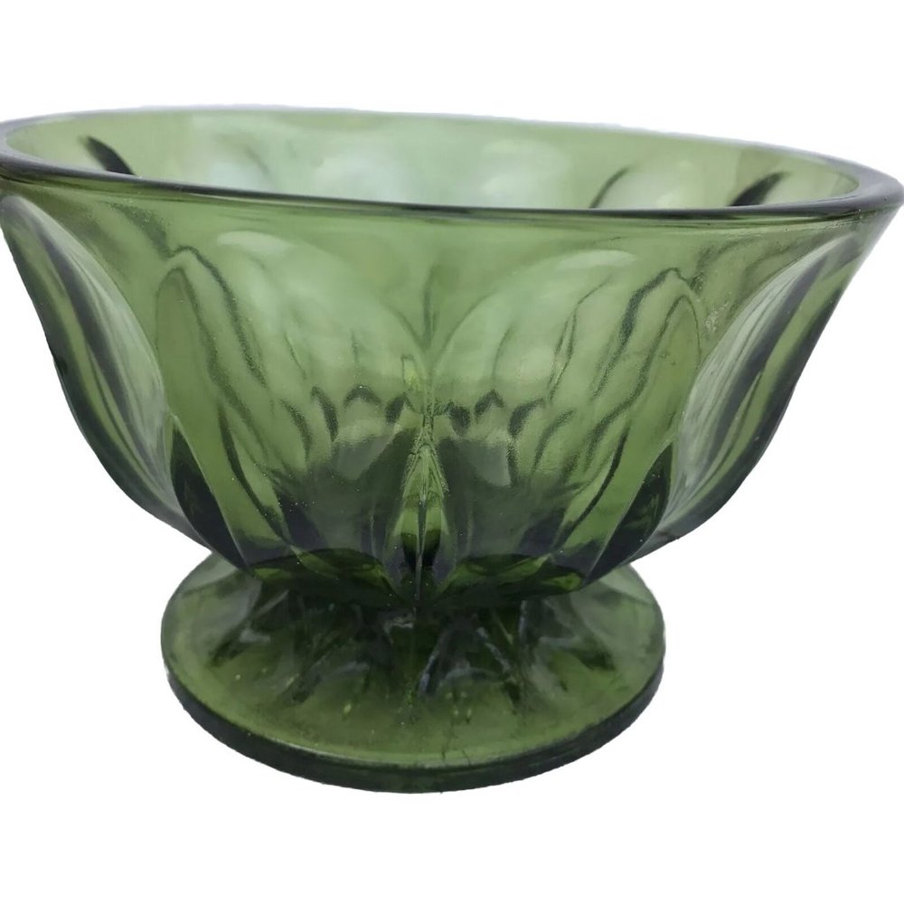 Vtg MCM 70s  Anchor Hocking Avocado Green Glass Pedestal Footed Bowl Candy Dish